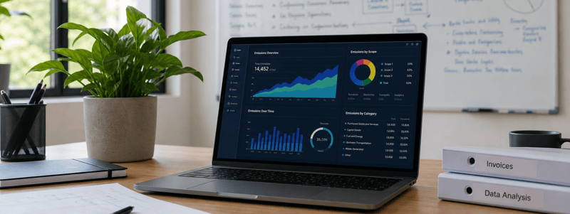 Sleek Office Workspace with Emissions Data and Greenery 1